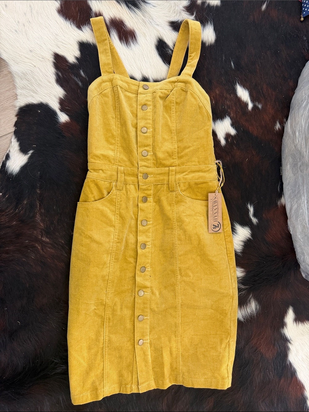 Savannah Mustard Corduroy Button-Front Pinafore Midi Dress